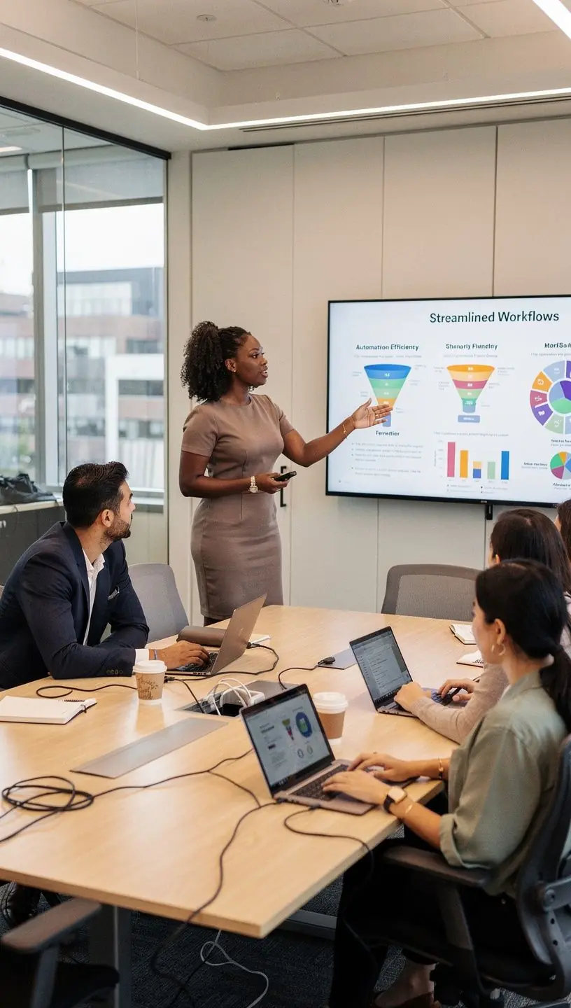 Illustration of a business professional analyzing workflow charts to identify automation opportunities and reduce inefficiencies.